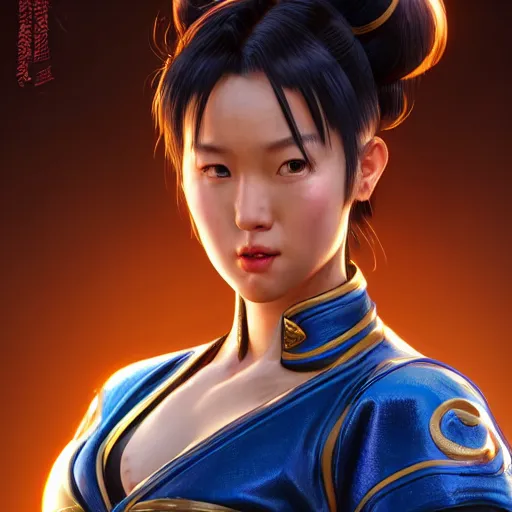 Image similar to portrait of chun li, au naturel, hyper detailed, digital art, trending in artstation, cinematic lighting, studio quality, smooth render, unreal engine 5 rendered, octane rendered, art style by klimt and nixeu and ian sprigger and wlop and krenz cushart.