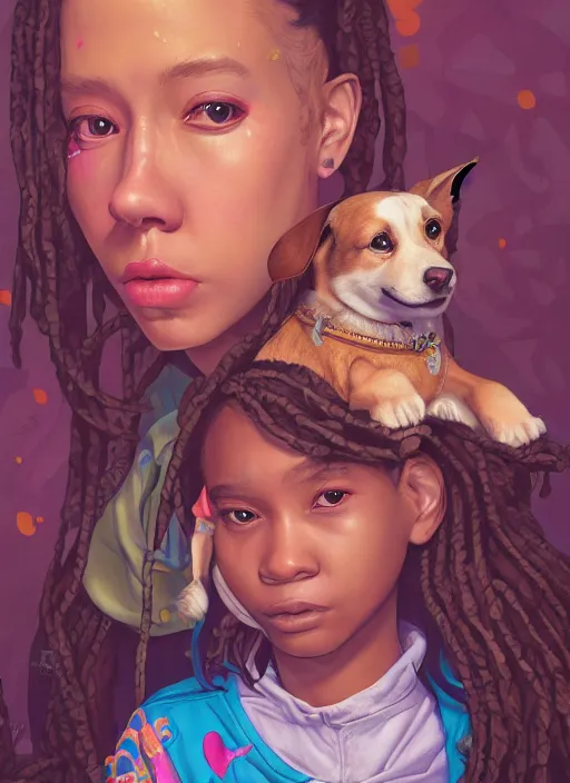 Prompt: beautiful portrait painting of a hiphop lofi cyberpunk princess girl and her corgi royalty, by Alex Gross, WLOP, Josan Gonzalez, Kieron Gillen. trending on Artstation, 8k, masterpiece, face enhance, graffiti paint, fine detail, full of color, intricate detail, golden ratio illustration