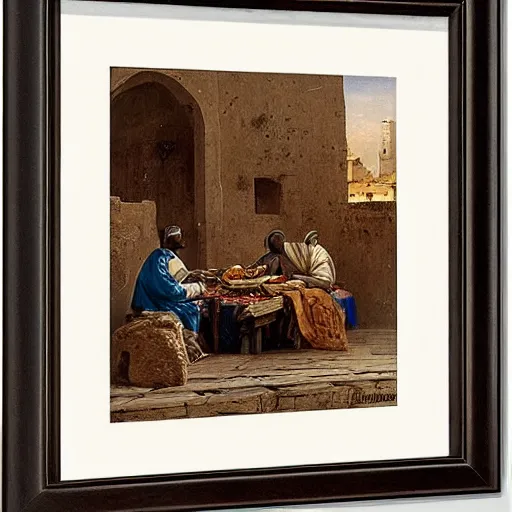 Prompt: a nubian eating breakfast, buildings in rome by martinus rørbye