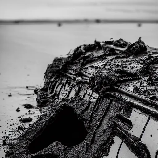 Image similar to mysterious black slime, black gooey liquid leaking out of crashed cargo ship, apocalyptic, ruined, 8 5 mm f / 1. 4