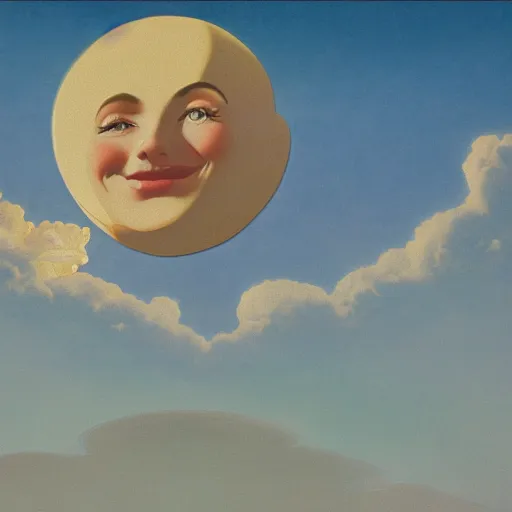Prompt: matte painting of a smiling crescent moon face, surrounded by clouds, birds eye view, highly detailed, disney, style of maxfield parrish, in the style of lady and the tramp