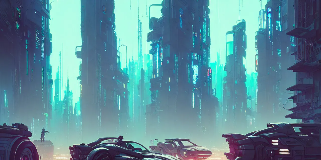 Image similar to cyberpunk synth, hyper - realistic detailed cyberpunk cityscape, by atey ghailan, by greg rutkowski, by greg tocchini, by james gilleard, by joe fenton, by kaethe butcher, dynamic lighting, gradient light blue, brown, blonde cream and white color scheme, grunge aesthetic