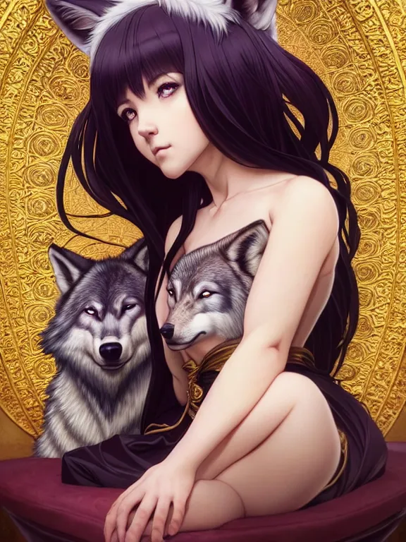 Prompt: full body picture of a girl with wolf ears sitting on the throne, bored, beautiful and aesthetic, intricate, unreal engine, neat hair, highly detailed, detailed face, smooth, sharp focus, chiaroscuro, manga illustration, artgerm, greg rutkowski, ilya kuvshinov, rossdraws, alphonse mucha, young adult light novel cover art