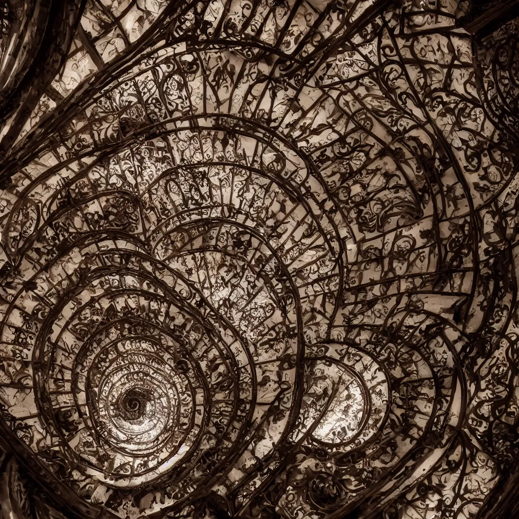 Image similar to , pareidolia. grand spiral stairs going down deep in the dark, with many doors ad ornamented widows, architecture by antoni gaudi, dramatic volumetric, cinematic light, cinematic photography, hyperrealist, high detailed