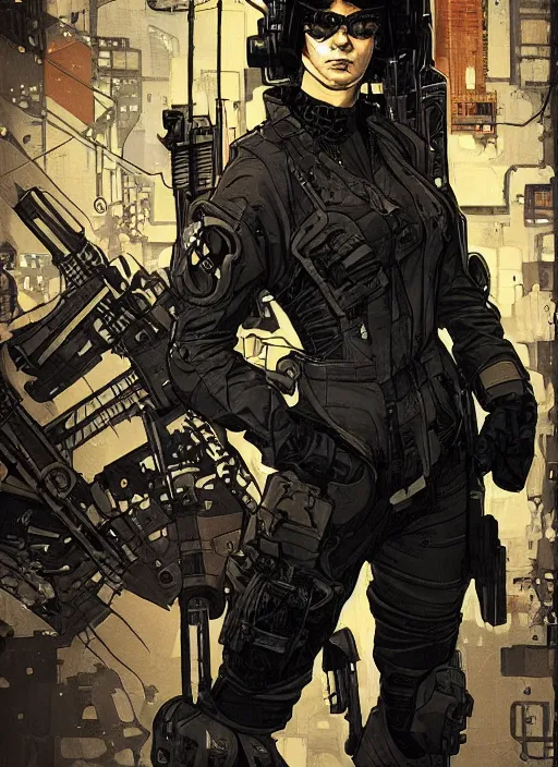 Prompt: the feminist. cyberpunk assassin in military vest and jumpsuit. portrait by ashley wood and alphonse mucha and laurie greasley and josan gonzalez. illustration, pop art, cinematic. realistic proportions. moody industrial setting. artstationhq