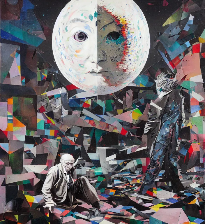 Image similar to decollage painting old white - headed man under the huge moon on a street of ruined city by adrian ghenie and takato yamamoto and edward hopper and mark ryden and tsutomu nihei, part by bridget riley, acrylic pour and splashing paint, very coherent, baroque elements, perfect anatomy, intricate design. pop art.