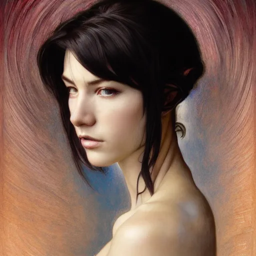 Image similar to Masterpiece head and shoulders Portrait of Tifa Lockheart drawn by Donato Giancola and Tom Bagshaw, face by Artgerm, overall design by Alphonse Mucha, background by James Jean and Gustav Klimt, light by Julie Bell, 4k, porcelain skin, komorebi, french nouveau, trending on artstation, octane render, hyperrealistic