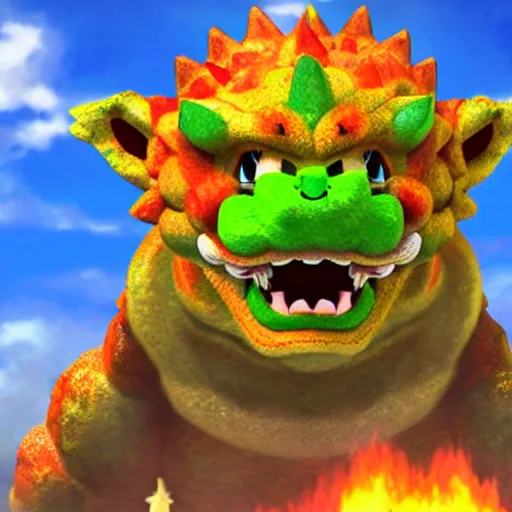 Prompt: Kaiju Bowser roaring into the sky, anime key visual, silent Hill, ruined kingdom, horror, super Mario