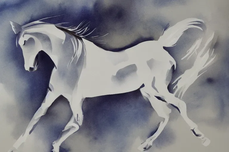 Image similar to bautiful serene horse, healing through motion, minimalistic ink aribrush painting on white background