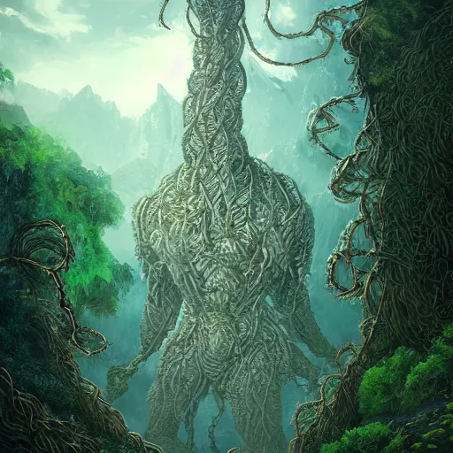 Prompt: a giant kaiju made of plants and twisting vines rising above the forest. fantasy art by daren bader and joan tuset, trending on artstation.