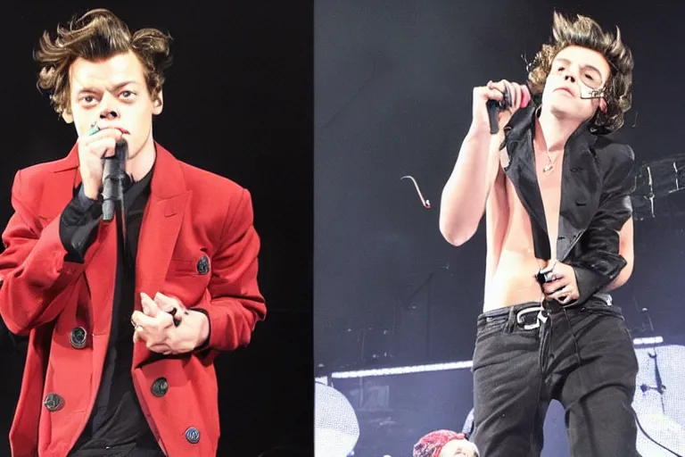 Image similar to Harry Styles after a big bong hit with Snoop Dogg. Red eyes, smoky environment, on stage at a One-Direction concert