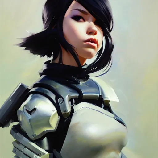 Image similar to greg manchess portrait painting of a 2 yorha type a no. 2 as overwatch character, white long hair, organic painting, sunny day, matte painting, bold shapes, hard edges, street art, trending on artstation, by huang guangjian and gil elvgren and sachin teng