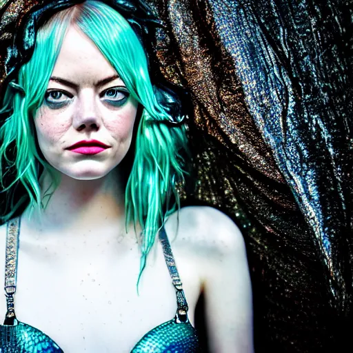 Image similar to Emma Stone as a mermaid, grungy, unkept hair, glowing eyes, modelsociety, wet from rain, radiant skin, huge anime eyes, bright on black, dramatic, studio lighting, perfect face, intricate, Sony a7R IV, symmetric balance, polarizing filter, Photolab, Lightroom, 4K, Dolby Vision, Photography Award