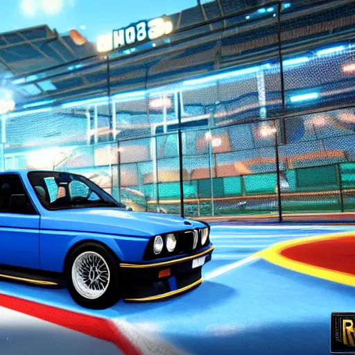 Image similar to a blue bmw e30 in the video game rocket league, rendered in unreal engine