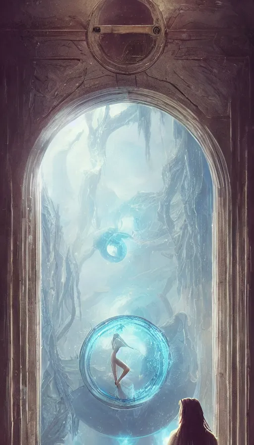 Prompt: goddess of illusion, beautiful, stunning, breathtaking, mirrors, glass, magic circle, magic doorway, fantasy, mist, bioluminescence, hyper - realistic, unreal engine, by greg rutkowski