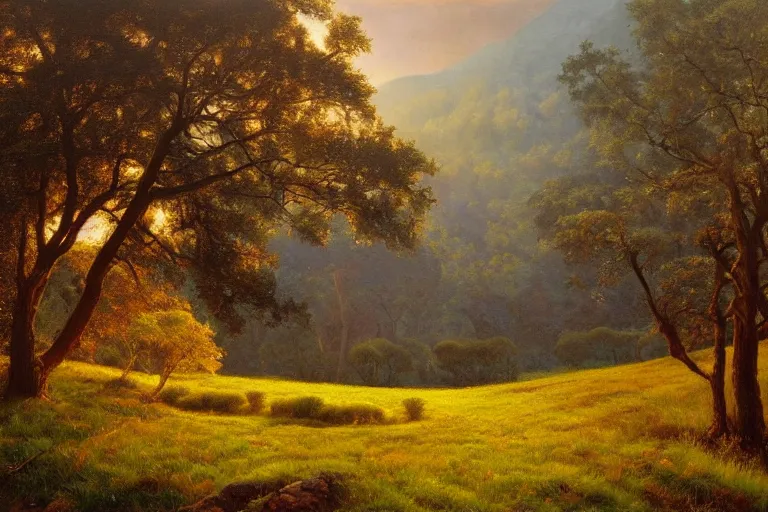 Image similar to masterpiece painting of oak trees on a hillside overlooking a creek, dramatic lighting, by mariusz lewandowski