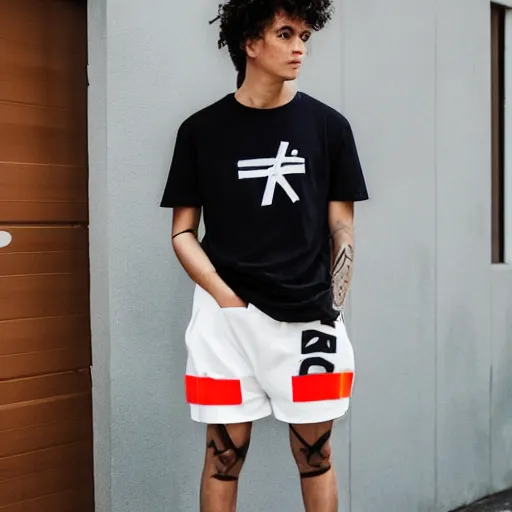 Prompt: person wearing'off - white'long t shirt and shorts with a different color stylish, hd, full body