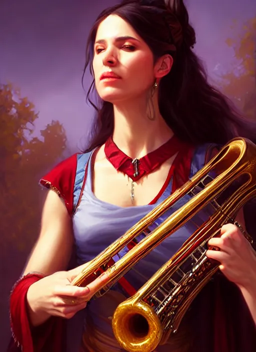 Image similar to a _ fantasy _ style _ portrait _ painting _ of female charismatic bard playing instrument, rpg dnd oil _ painting _ unreal _ 5 _ daz. _ rpg _ portrait _ extremely _ detailed _ artgerm _ greg _ rutkowski _ greg