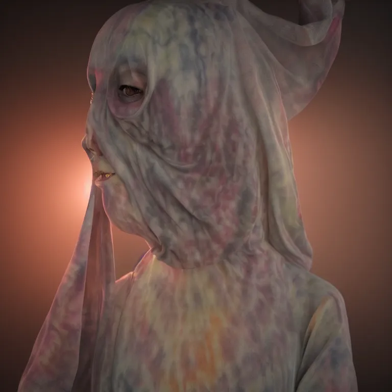 Image similar to octane render portrait by wayne barlow and carlo crivelli and glenn fabry, a woman wearing a skintight tie - dye bedsheet ghost costume, backlit, dramatic lighting, fog and mist, inside a futuristic nightclub, cinema 4 d, ray traced lighting, very short depth of field, bokeh