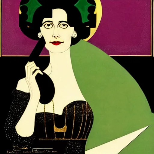 Prompt: Eva Green, Art by Coles Phillips, Gilded outfit, Jet black hair, Green eyes, Portrait of the actress, Elsa Lanchester as Morpheus, geometric art, poster, no text, Mucha, Kandinsky, carbon blac and antique gold