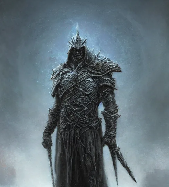 Prompt: frost warlord with frost crown concept, beksinski, age of sigma art, frank franzetta, ruan jia, dark soul armor concept, trending on artstation, wayne barlowe, adrian smith fantasy art, elden ring art, the hobbit art, lord of the ring art, infinity blade armor