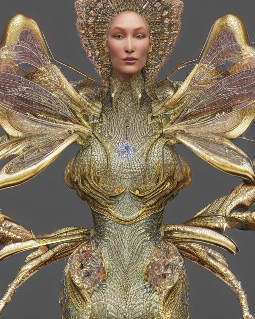 Image similar to a highly detailed metahuman 4 k close up render of an alien goddess bella hadid monument dragonfly in iris van herpen dress schiaparelli in diamonds crystals swarovski and jewelry iridescent in style of alphonse mucha gustav klimt trending on artstation made in unreal engine 4