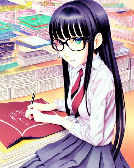 Image similar to richly detailed color  illustration of a young truant female loner prep highschool student surrounded by beautiful cursive writing, large format image. illustrated by Range Murata. 3D shadowing.