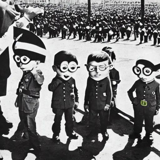 Image similar to despicable me minions standing next to adolf hitler, old photo, 4 k