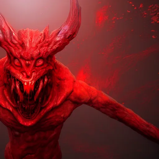 Image similar to a huge red demon in the hell. digitalart. artstation. unreal 5. unreal engine. award winning. high detail. hyper realistic. highly detailed.