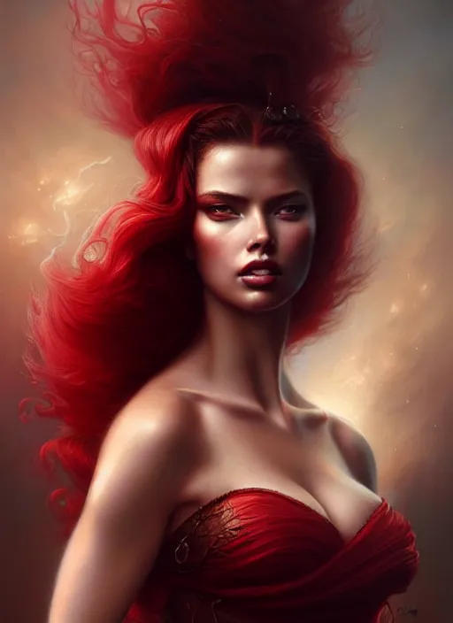 Image similar to a beautiful woman with baroque dress, red hair, adriana lima, painted by artgerm and tom bagshaw, fantasy art, dramatic lighting, highly detailed oil painting