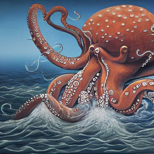 Image similar to photorealistic highly detailed japanese ancient art style painting of giant octopus sinking a ww2 battleship clutching in tentacles