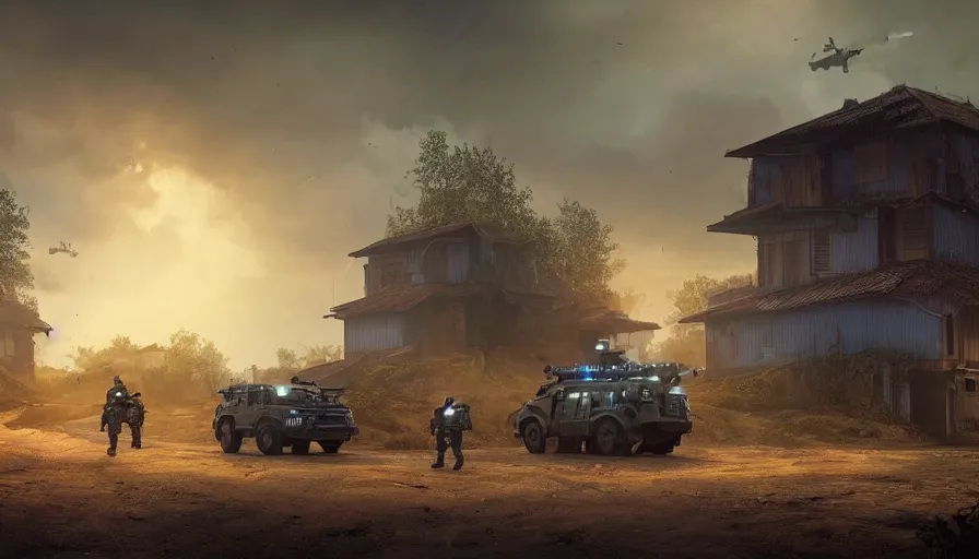 Prompt: a militarized police vehicle riding through an orwellian kerala village, troops searching the area, furious action scene, an epic fantasy, dramatic lighting, cinematic, establishing shot, extremely high detail, photorealistic, cinematic lighting, artstation, octane render, by simon stalenhag, horizon forbidden west