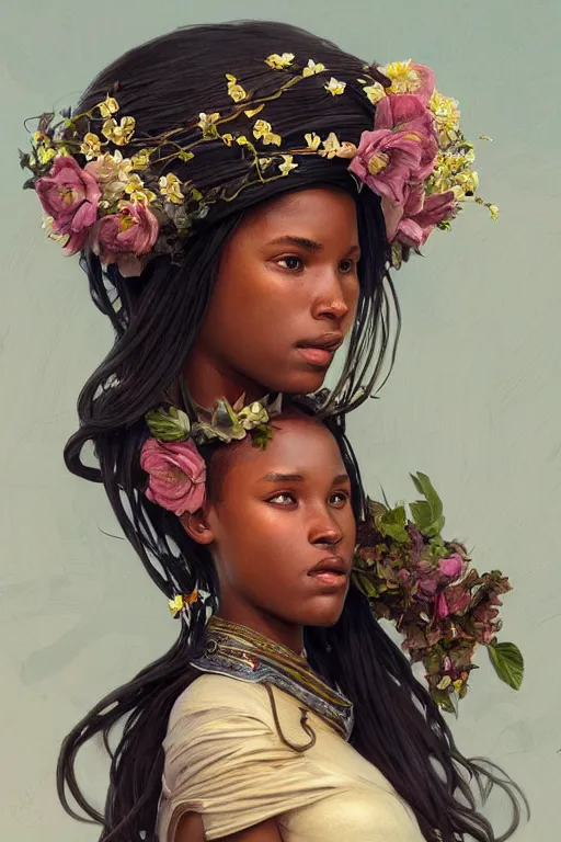 Prompt: ultra realistic illustration, swahili girl with flowers blossoming from helmet, elegant, highly detailed, digital painting, concept art, smooth, sharp focus, illustration, art by artgerm and greg rutkowski and alphonse mucha