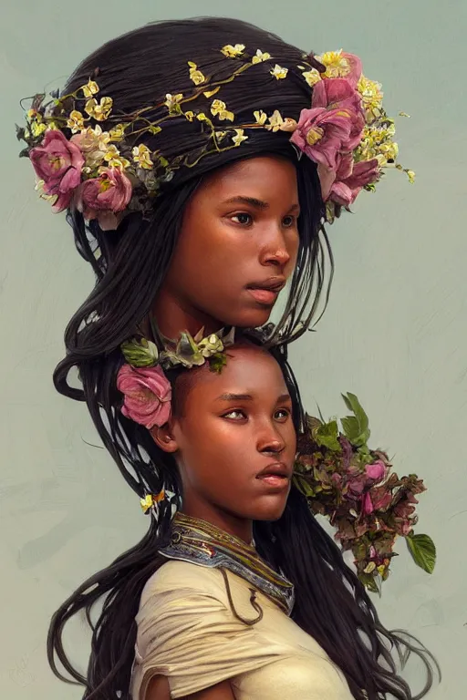 Image similar to ultra realistic illustration, swahili girl with flowers blossoming from helmet, elegant, highly detailed, digital painting, concept art, smooth, sharp focus, illustration, art by artgerm and greg rutkowski and alphonse mucha