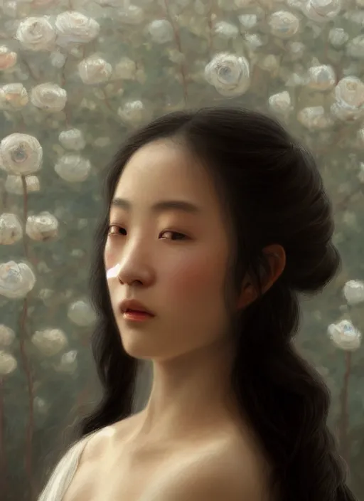 Image similar to oil painting close up portrait of a contemplative young japanese - nigerian woman with long dark flowing hair in a dress made of white roses!! at sunset, hazy, digital art, chiaroscuro, artstation, cinematic, golden hour, digital art painting by greg rutkowski, william - adolphe bouguereau, hazy atmosphere, cinematic lighting