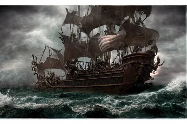 Prompt: epic pirate ship in a storm, sighting the kraken, in the style of vernon grant and chris van allsburg, trending on artstation, bright tilt - shift camcorder effect, photoshop, retrowave, hyperrealism,