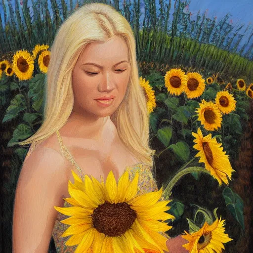Prompt: a blonde babe slowly walking through amazing tall sunflower field, her blonde hair flowing down, subtle, intricate details, real masterpiece, oil on canvas, by somsak anong