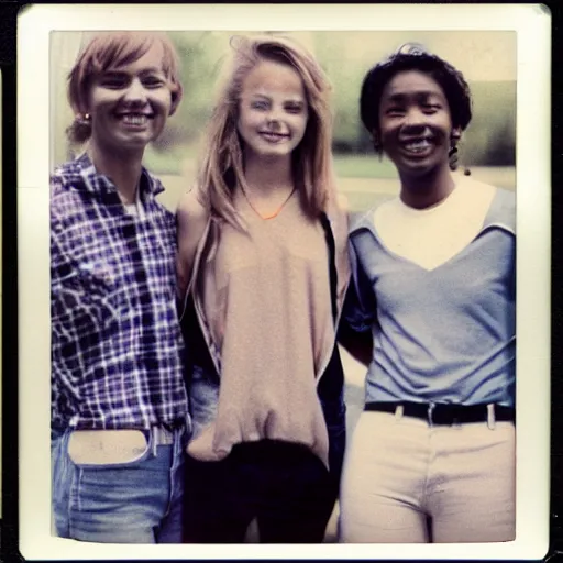 Image similar to Polaroid photograph of stylish college students, taken in 1986