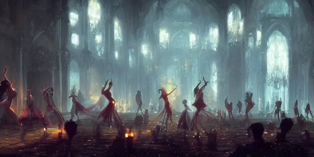 Image similar to beautiful render of a ballroom, concept art, some dancers, at night, medieval!!, very bright, artstation, detailled, manga!, fantasy! by greg rutkowski