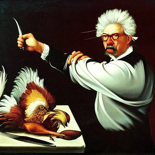 Prompt: Colonel Sanders holding kitchen knife chasing a rooster. Painted by Caravaggio, high detail
