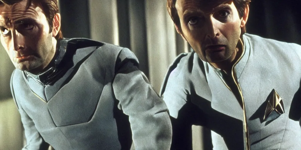 Prompt: David Tennant as Doctor Who in the role of Captain Kirk in a scene from Star Trek the original series