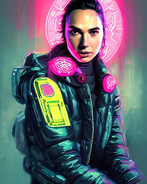 Prompt: detailed portrait Gal Gadot Neon Operator Girl, cyberpunk futuristic neon, reflective puffy coat, decorated with traditional Japanese ornaments by Ismail inceoglu dragan bibin hans thoma greg rutkowski Alexandros Pyromallis Nekro Rene Maritte Illustrated, Perfect face, fine details, realistic shaded, fine-face, pretty face