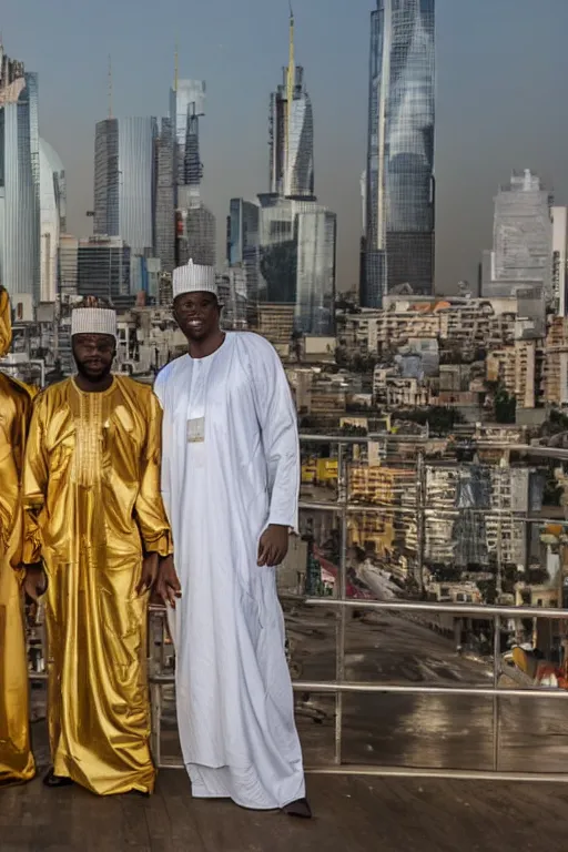 Prompt: nigerian men with white robes and golden angels wings in front of a city skyline