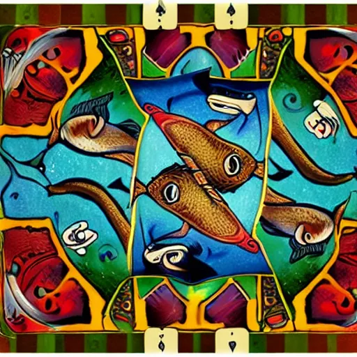 Prompt: two fishes sitting at a table playing cards at the bottom of the sea, the table has a checkered table cloth, lowbrow surrealistic, in the style of mark ryden,