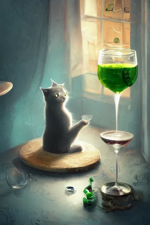 Image similar to a cute cat drinkng absinthe in Paris, vivid colors, high details, cinematic, 8k resolution, beautiful detailed, photorealistic, digital painting, artstation, concept art, smooth, sharp focus, illustration, fantasy background, artstation trending, octane render, unreal engine