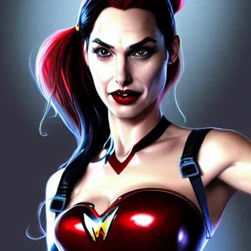 Image similar to a close up face of gal gadot as Harley Quinn, by Stanley Artgerm Lau, WLOP, Rossdraws, James Jean, Andrei Riabovitchev, Marc Simonetti, Yoshitaka Amano, ArtStation, CGSociety, Full body shot