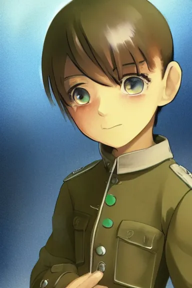 Image similar to beautiful little boy in nazi male uniform. made in abyss art style, sharps focus, pose, cute detailed artwork, anatomically correct, ilya kuvshinov, reflection, perfect composition, mobile wallpaper, digital art, detailed anime soft face, symmetrical face, western anime, illustration, realistic, smooth, nazi chic, lois van baarle, soft details