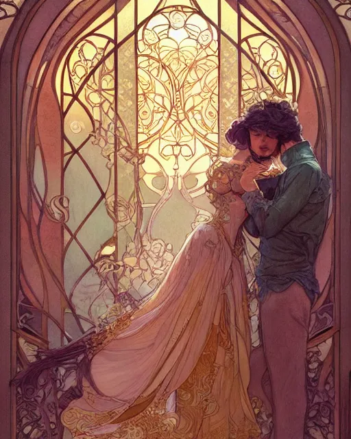 Image similar to a couple, highly detailed, very intricate, art nouveau, gold filigree, romantic storybook fantasy, soft cinematic lighting, award - winning, disney concept art watercolor illustration by mandy jurgens and alphonse mucha and alena aenami, pastel color palette, featured on artstation