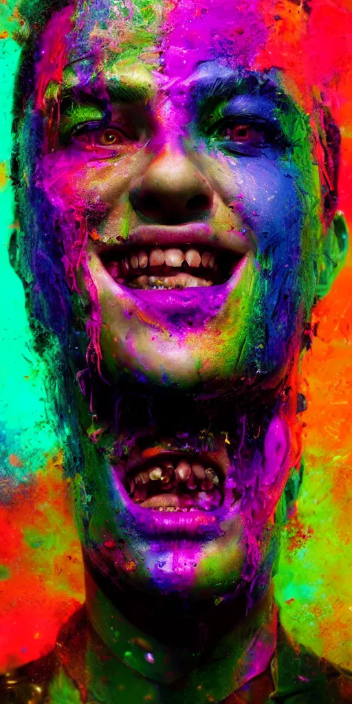 Image similar to impossibly beautiful portrait, single face, dapper dream demon, bad trip, insane smile, intricate complexity, surreal horror, inverted neon rainbow drip paint, trending on art station, photoreal, 8 k, octane render by greg rutkowski