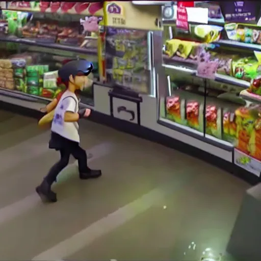 Prompt: cctv footage of a pokemon battle inside a deli, security cam footage